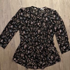 Veronica Beard Size 0, Silk Floral Smocked Waist Long Sleeve Top - Black/Pink